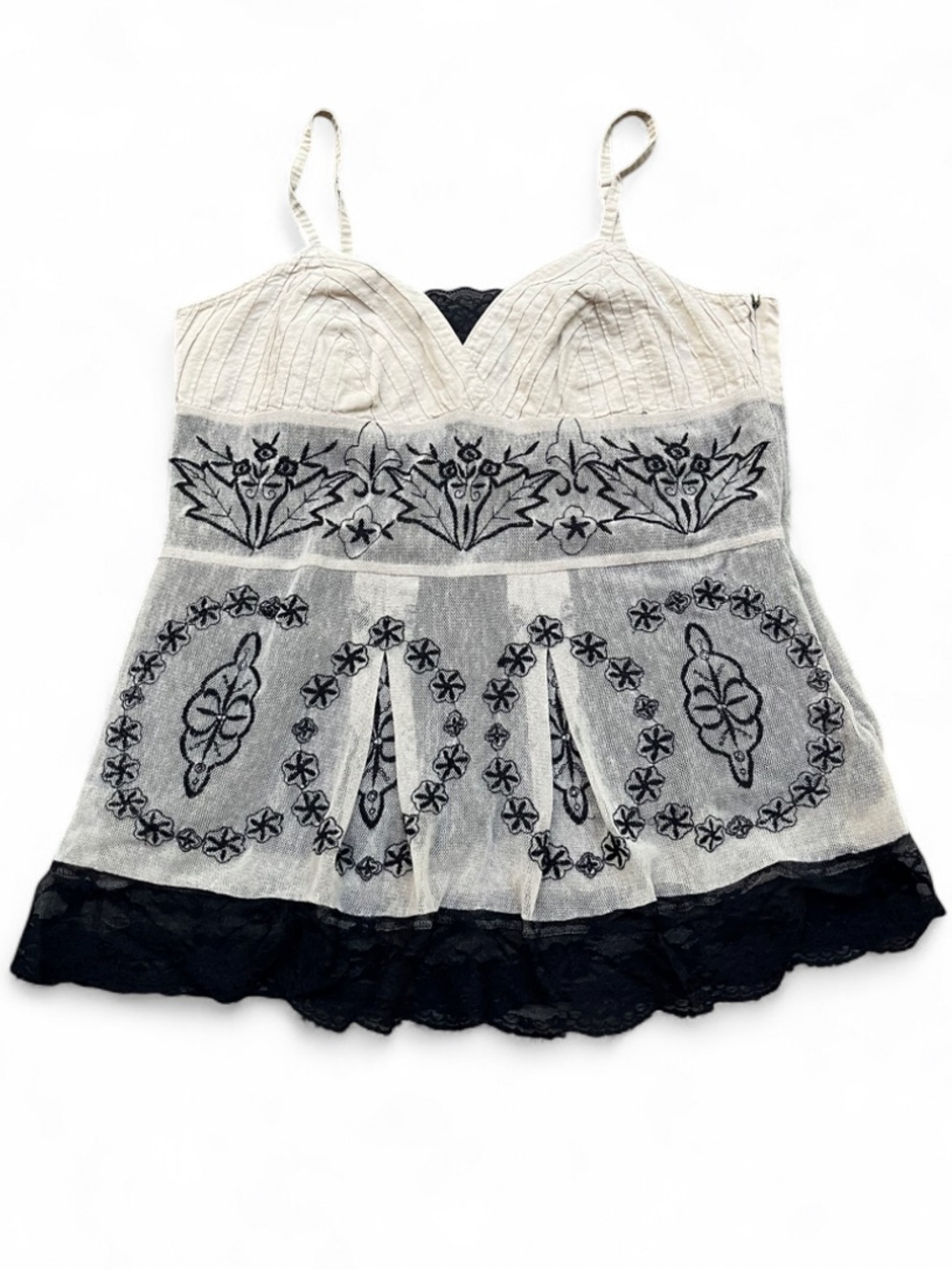 Tristan & Iseut size L vintage Embroidered Lace-Trim Cami Top - Cream with Black